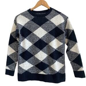 Marks & Spencer Navy Blue and Cream Argyle Plaid Crew Neck Pullover Sweater